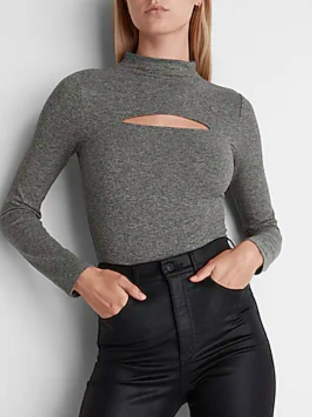 Express Body Contour Cozy Mock Neck Cutout Bodysuit Charcoal Grey Size  XS